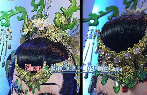 Chinese Ancient Queen Black Wigs and Hair Crown Headwear Traditional Puppet Show Hong Chenxue Hairpieces Cosplay Goddess Hair Accessories