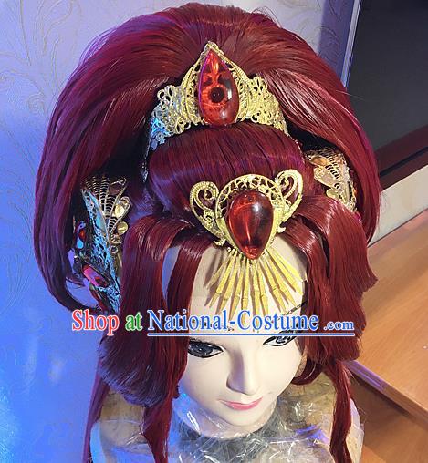 Chinese Traditional Puppet Show Goddess Hairpieces Cosplay Swordswoman Hair Accessories Ancient Queen Red Wigs and Hair Crown Headwear