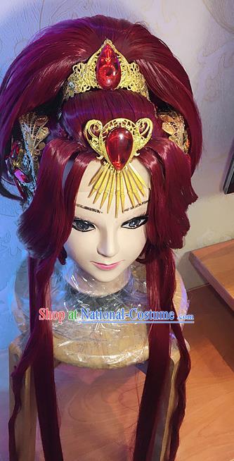 Chinese Traditional Puppet Show Goddess Hairpieces Cosplay Swordswoman Hair Accessories Ancient Queen Red Wigs and Hair Crown Headwear