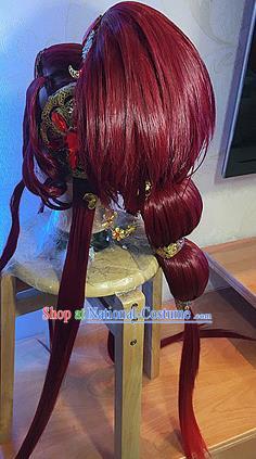 Chinese Traditional Puppet Show Goddess Hairpieces Cosplay Swordswoman Hair Accessories Ancient Queen Red Wigs and Hair Crown Headwear