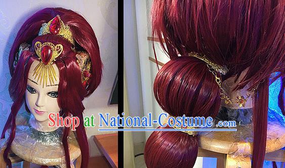 Chinese Traditional Puppet Show Goddess Hairpieces Cosplay Swordswoman Hair Accessories Ancient Queen Red Wigs and Hair Crown Headwear