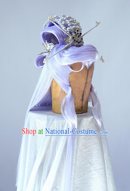 Handmade China Ancient Chivalrous Male Headdress Cosplay Swordsman Lilac Wigs and Hair Crown Traditional Puppet Show King Hairpieces