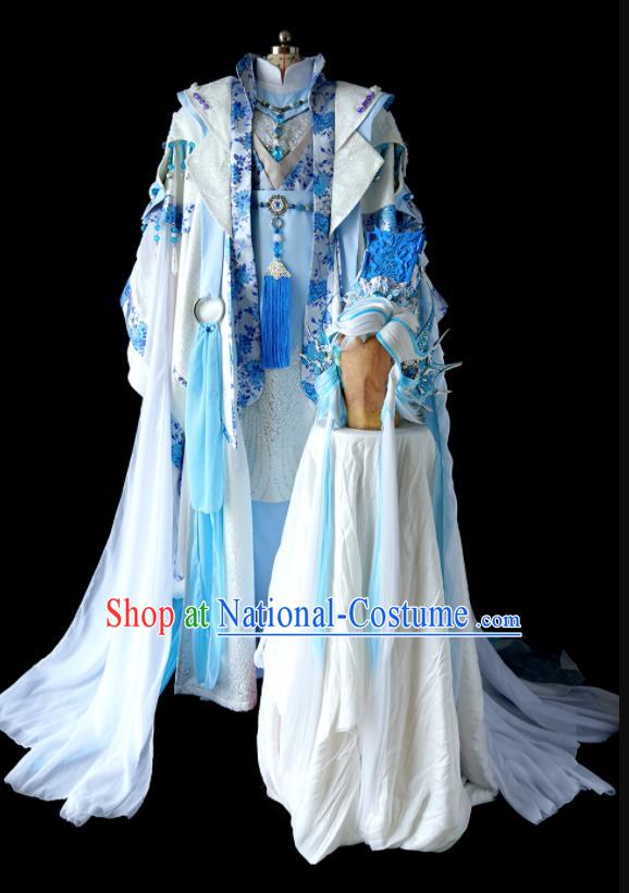 Custom China Cosplay Young General Blue Outfits Puppet Show Dragon King Clothing Ancient Swordsman Garment Costumes and Headdress