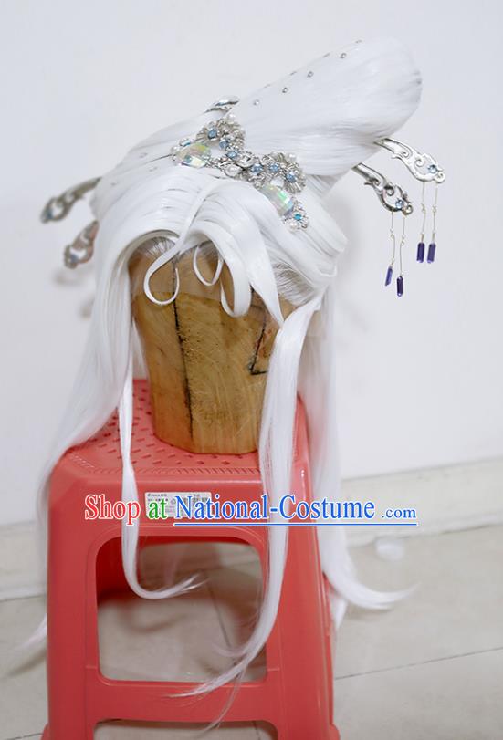 Chinese Traditional Puppet Show Ji Wuxia Hairpieces Cosplay Goddess Queen Hair Accessories Ancient Female Swordsman White Wigs and Hairpins Headwear