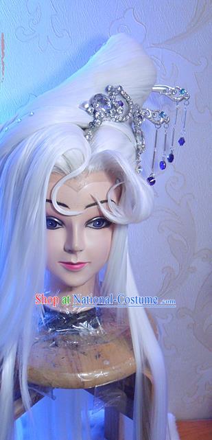 Chinese Ancient Queen White Wigs and Hair Crown Headwear Traditional Puppet Show Ji Wuxia Hairpieces Cosplay Fairy Hair Accessories