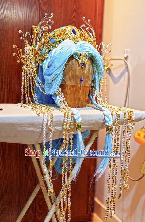 Chinese Ancient Princess Blue Wigs and Hair Crown Headwear Traditional Puppet Show Goddess Hairpieces Cosplay Noble Infanta Hair Accessories