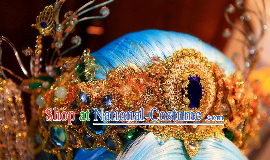 Chinese Ancient Princess Blue Wigs and Hair Crown Headwear Traditional Puppet Show Goddess Hairpieces Cosplay Noble Infanta Hair Accessories