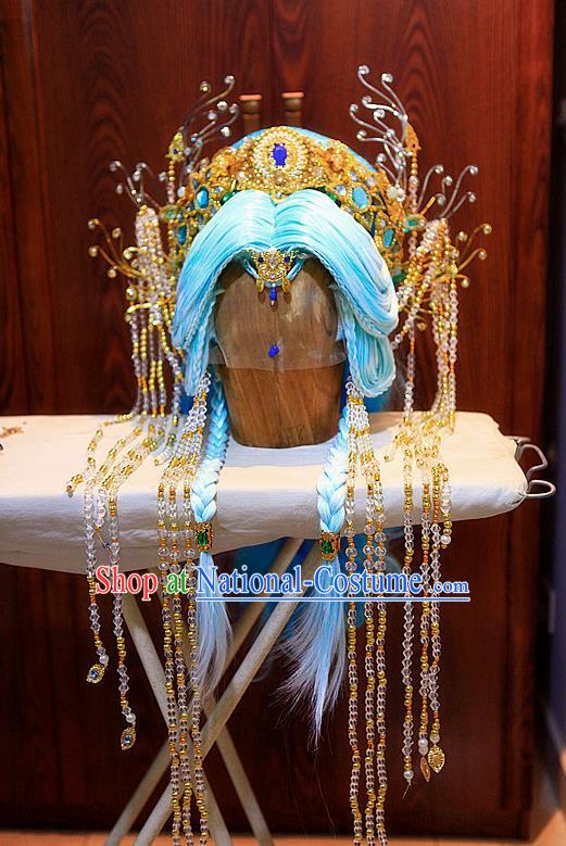 Chinese Ancient Princess Blue Wigs and Hair Crown Headwear Traditional Puppet Show Goddess Hairpieces Cosplay Noble Infanta Hair Accessories