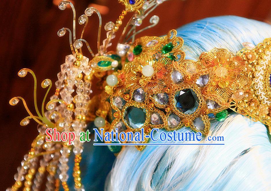 Chinese Ancient Princess Blue Wigs and Hair Crown Headwear Traditional Puppet Show Goddess Hairpieces Cosplay Noble Infanta Hair Accessories