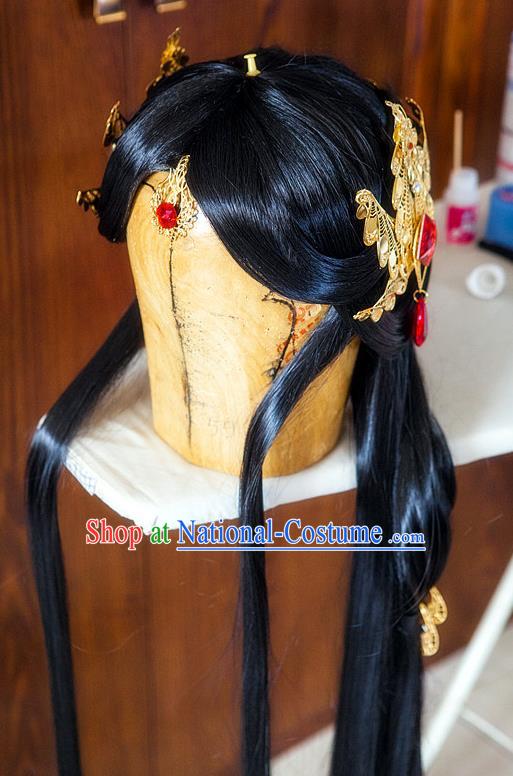 Chinese Ancient Princess Black Wigs Headwear Traditional Online Game Fairy Hairpieces Cosplay Young Woman Hair Accessories