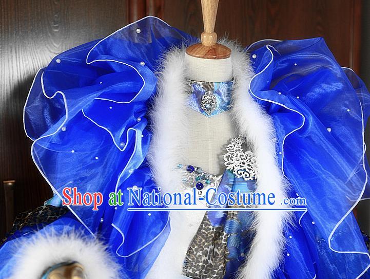 Top Chinese Cosplay Fox Queen Garment Costumes Ancient Fairy Clothing Traditional Puppet Show Empress Jun Haitang Blue Dress Apparels