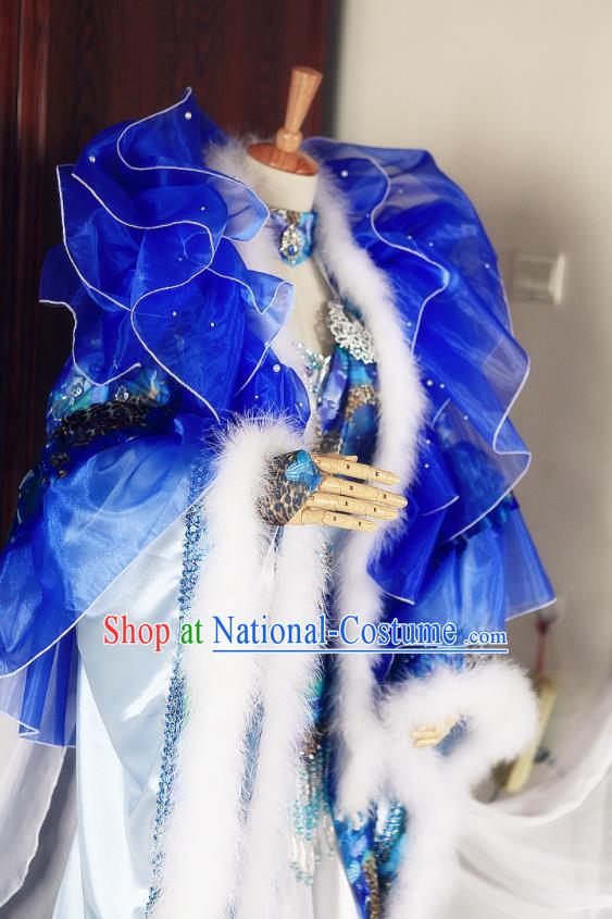 Top Chinese Cosplay Fox Queen Garment Costumes Ancient Fairy Clothing Traditional Puppet Show Empress Jun Haitang Blue Dress Apparels