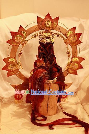 Chinese Cosplay Goddess Hair Accessories Ancient Queen Red Wigs and Hair Crown Headwear Traditional Puppet Show Female Hairpieces