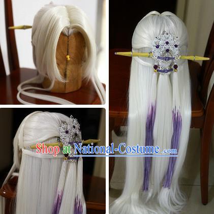 Handmade China Ancient Chivalrous Male Headdress Cosplay Taoist Priest White Wigs and Hair Crown Traditional Puppet Show Swordsman Su Huanzhen Hairpieces