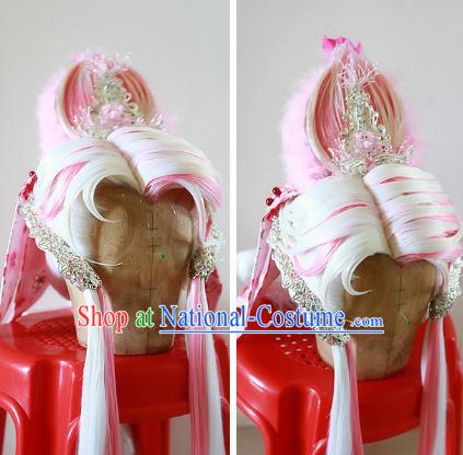 Chinese Traditional Puppet Show Queen Hairpieces Cosplay Goddess Hair Accessories Ancient Nymph Pink Wigs and Hair Crown Headwear