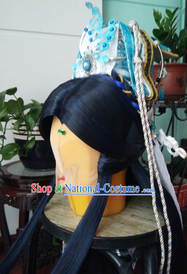 Chinese Puppet Show Emperor Headdress Traditional Handmade Cosplay Taoist Priest Wigs and Hair Crown Hairpieces Ancient Swordsman Periwig Hair Accessories