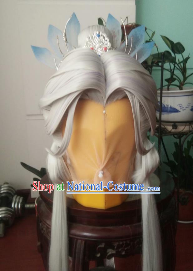 Chinese Traditional Handmade Cosplay Swordsman Gray Wigs Hairpieces Ancient Taoist Priest Periwig Hair Accessories Puppet Show Ren Piaomiao Headdress