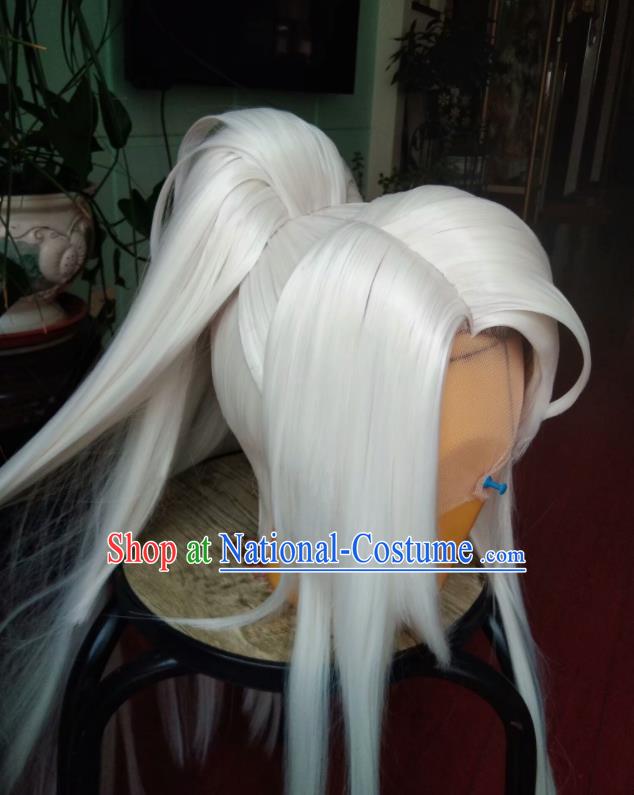 Chinese Traditional Cosplay Taoist Priest White Wigs Hairpieces Ancient Swordsman Periwig Hair Accessories Handmade Puppet Show Bin Xueya Headdress