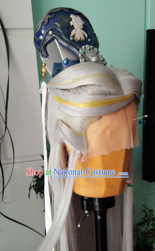 Chinese Traditional Cosplay Taoist Priest Gray Wigs and Hairdo Crown Hairpieces Ancient Patriarch Periwig Hair Accessories Handmade Puppet Show Headdress