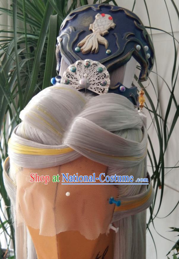 Chinese Traditional Cosplay Taoist Priest Gray Wigs and Hairdo Crown Hairpieces Ancient Patriarch Periwig Hair Accessories Handmade Puppet Show Headdress