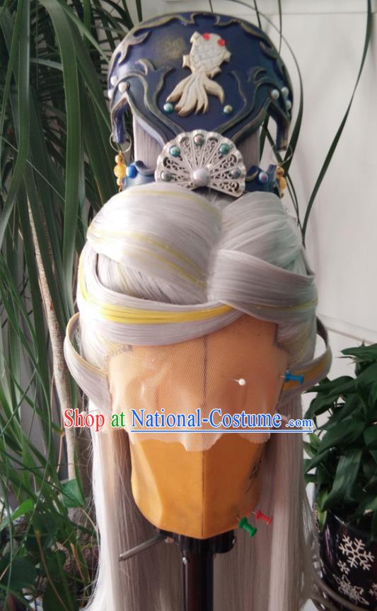 Chinese Traditional Cosplay Taoist Priest Gray Wigs and Hairdo Crown Hairpieces Ancient Patriarch Periwig Hair Accessories Handmade Puppet Show Headdress