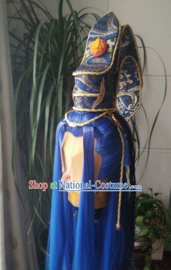 Chinese Handmade Puppet Show Headdress Traditional Cosplay Dragon King Blue Wigs and Hairdo Crown Hairpieces Ancient Patriarch Periwig Hair Accessories