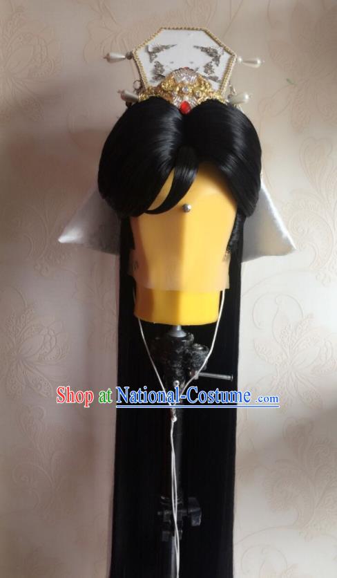 Chinese Handmade Puppet Show Swordsman Headdress Traditional Cosplay Prince Black Wigs and Hair Crown Hairpieces Ancient Emperor Periwig Hair Accessories