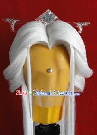 Chinese Ancient Taoist Priest Periwig Hair Accessories Handmade Puppet Show Su Huanzhen Headdress Traditional Cosplay Swordsman White Wigs Hairpieces