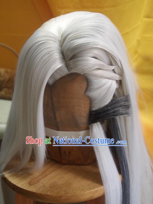 Chinese Handmade Cosplay Swordsman Headdress Traditional Puppet Show Gray Wigs Hairpieces Ancient Taoist Priest Periwig Hair Accessories