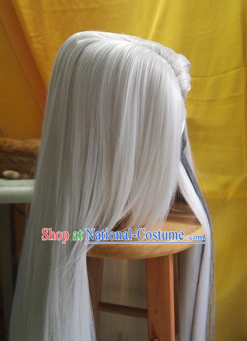 Chinese Handmade Cosplay Swordsman Headdress Traditional Puppet Show Gray Wigs Hairpieces Ancient Taoist Priest Periwig Hair Accessories