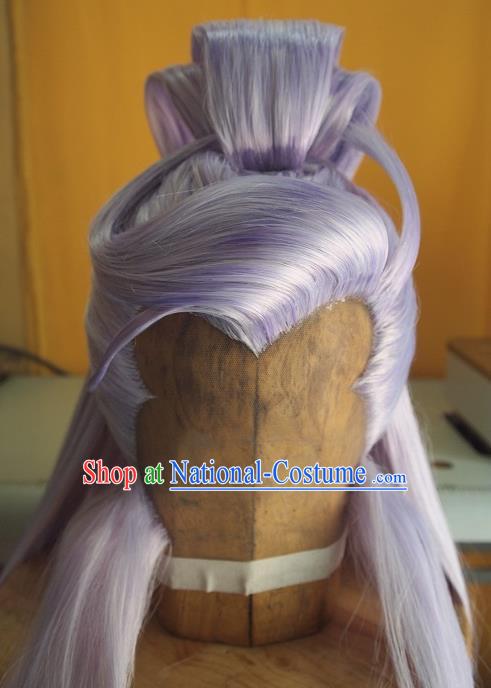 Chinese Ancient Taoist Priest Periwig Hair Accessories Handmade Cosplay Swordsman Headdress Traditional Puppet Show Emperor Lilac Wigs Hairpieces