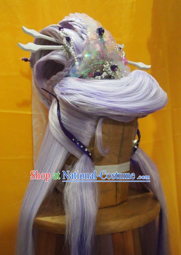 Chinese Handmade Cosplay King Headdress Traditional Puppet Show Patriarch Lilac Wigs Hairpieces Ancient Swordsman Periwig Hair Accessories