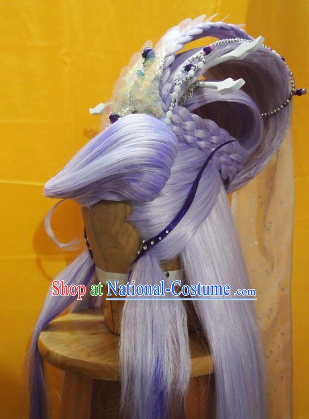 Chinese Handmade Cosplay King Headdress Traditional Puppet Show Patriarch Lilac Wigs Hairpieces Ancient Swordsman Periwig Hair Accessories