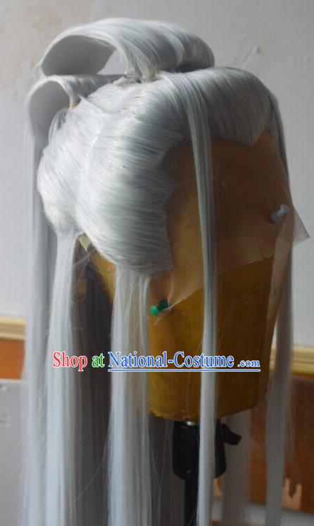 Chinese Handmade Cosplay Immortal Headdress Traditional Puppet Show Yue Tianji Gray Wigs Hairpieces Ancient Taoist Priest Periwig Hair Accessories