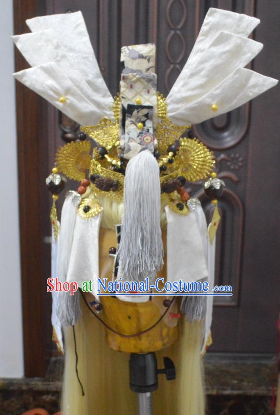 Chinese Ancient Emperor Periwig and Hair Crown Hair Accessories Handmade Cosplay Swordsman Headdress Traditional Puppet Show Golden Wigs Hairpieces