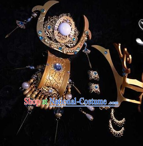 Chinese Handmade Cosplay Swordsman Headpieces Traditional Puppet Show Xuan Lingcang Hair Crown Ancient Emperor Hair Accessories