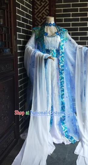 Custom Chinese Cosplay Fairy Princess Garment Costumes Puppet Show Goddess Blue Dress Outfits Ancient Imperial Consort Clothing