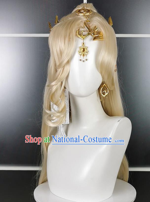 Chinese Cosplay Fairy Hairpieces Traditional Hanfu Goddess Golden Wigs Headdress Ancient Young Lady Hair Accessories