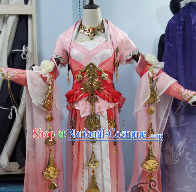 Custom Chinese Ancient Swordswoman Clothing Cosplay Fairy Princess Garment Costumes Traditional Female Knight Pink Dress Outfits