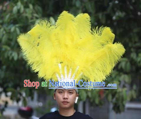 Handmade Samba Dance Hair Crown Rio Carnival Yellow Ostrich Feather Hat Halloween Male Headwear Stage Performance Hair Accessories