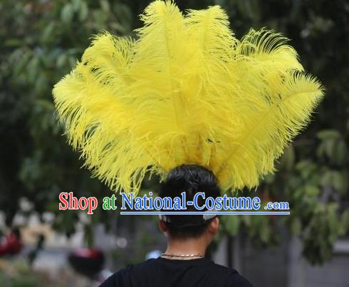 Handmade Samba Dance Hair Crown Rio Carnival Yellow Ostrich Feather Hat Halloween Male Headwear Stage Performance Hair Accessories