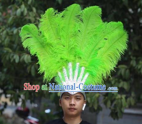 Handmade Stage Performance Hair Accessories Samba Dance Hair Crown Rio Carnival Green Ostrich Feather Hat Halloween Male Headwear