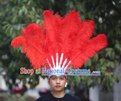 Handmade Rio Carnival Red Ostrich Feather Hat Halloween Cosplay Headwear Stage Performance Giant Hair Crown Samba Dance Hair Accessories