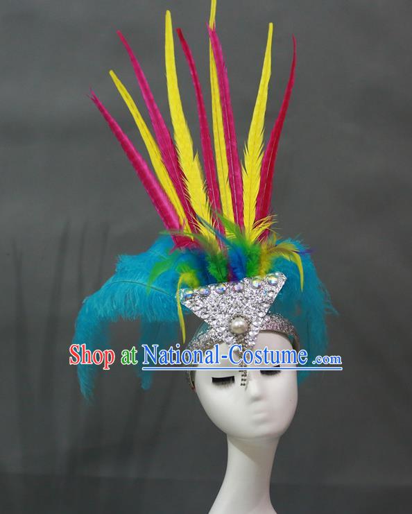 Handmade Catwalks Headwear Stage Performance Giant Hair Crown Samba Dance Hair Accessories Rio Carnival Blue Feather Hat