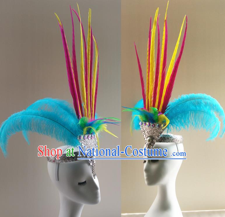 Handmade Catwalks Headwear Stage Performance Giant Hair Crown Samba Dance Hair Accessories Rio Carnival Blue Feather Hat