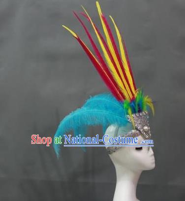 Handmade Catwalks Headwear Stage Performance Giant Hair Crown Samba Dance Hair Accessories Rio Carnival Blue Feather Hat