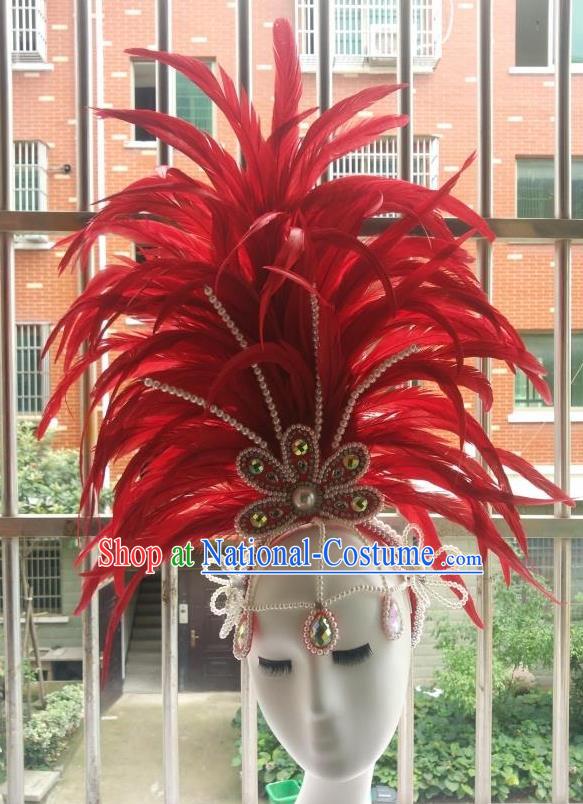 Handmade Rio Carnival Red Feather Hat Catwalks Beads Headwear Stage Performance Giant Hair Crown Samba Dance Hair Accessories