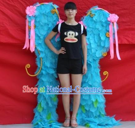 Top Halloween Cosplay Performance Decorations Miami Angel Catwalks Giant Props Stage Show Blue Ostrich Feather Wings Opening Dance Back Accessories