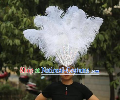 Handmade Rio Carnival White Feather Hat Halloween Male Headwear Stage Performance Hair Accessories Samba Dance Hair Crown