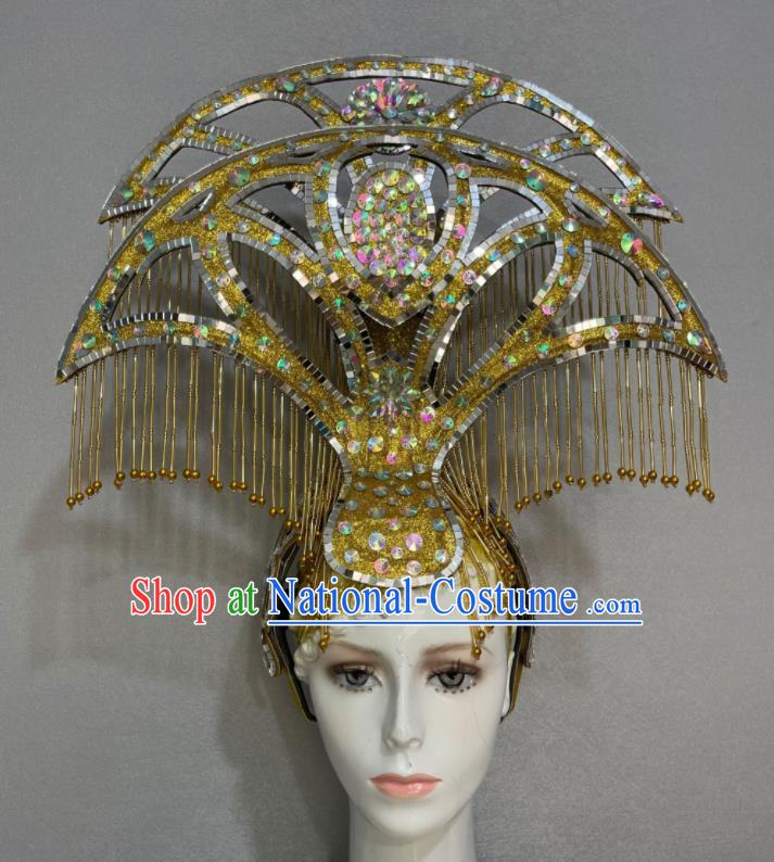 Custom Halloween Catwalks Headdress Brazil Parade Giant Hat Samba Dance Hair Accessories Opening Dance Golden Bells Tassel Hair Crown